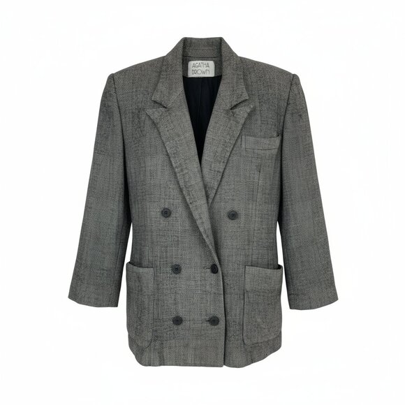 Vintage 1980's Agatha Brown Wool Black Plaid Blazer Jacket Sz 14 Notch Collar - Picture 2 of 7